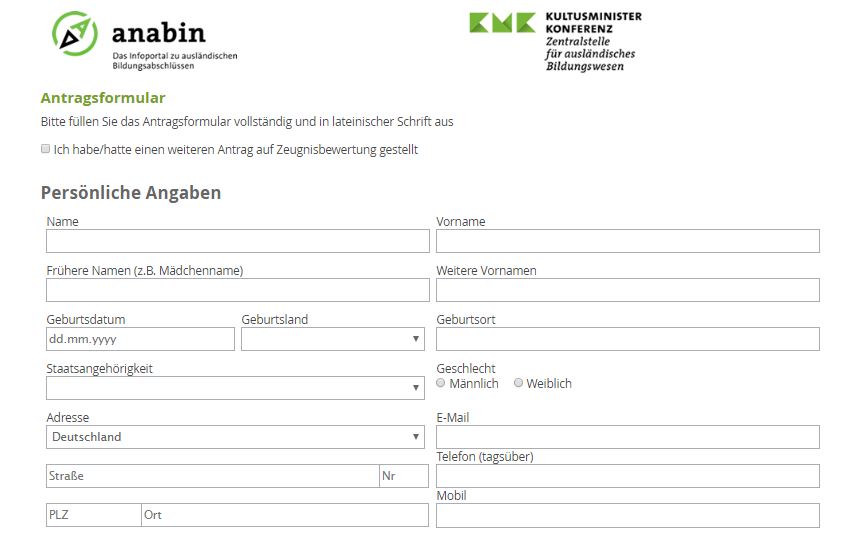 Mẫu đơn đăng ký trong hồ sơ công nhận bằng ở Đức